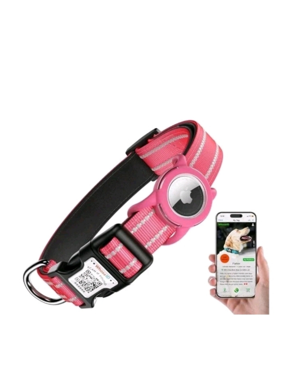 WhoseID Pink Reflective Pet Collar with AirTag Holder